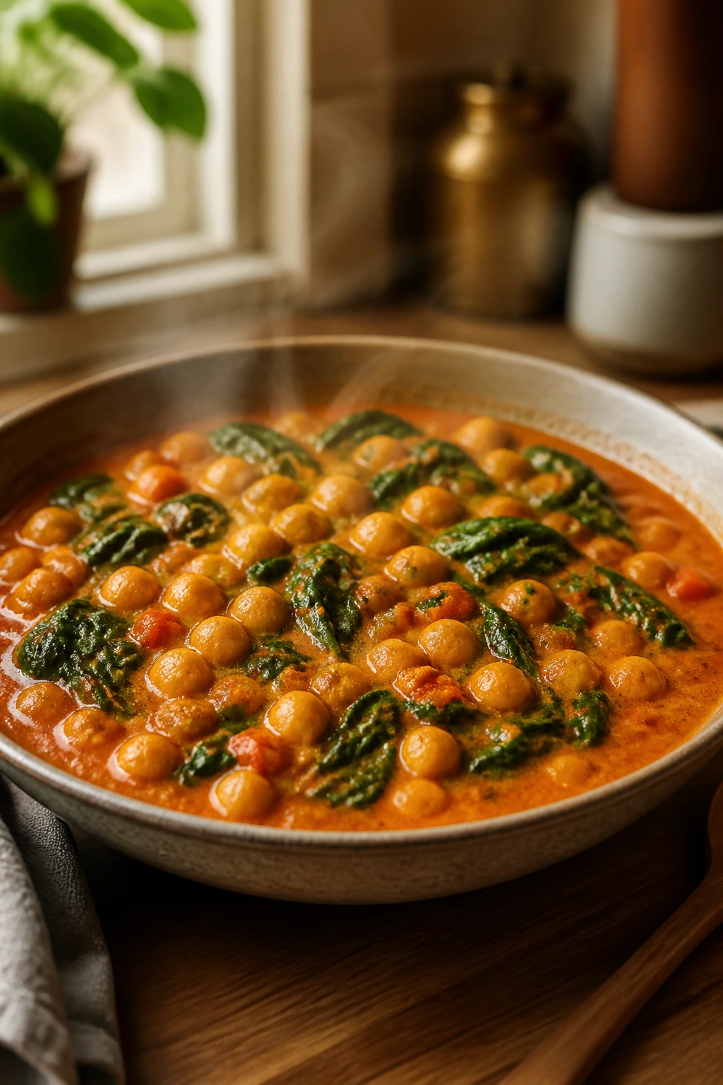 Bright chickpea spinach curry in a bowl with coconut-tomato sauce