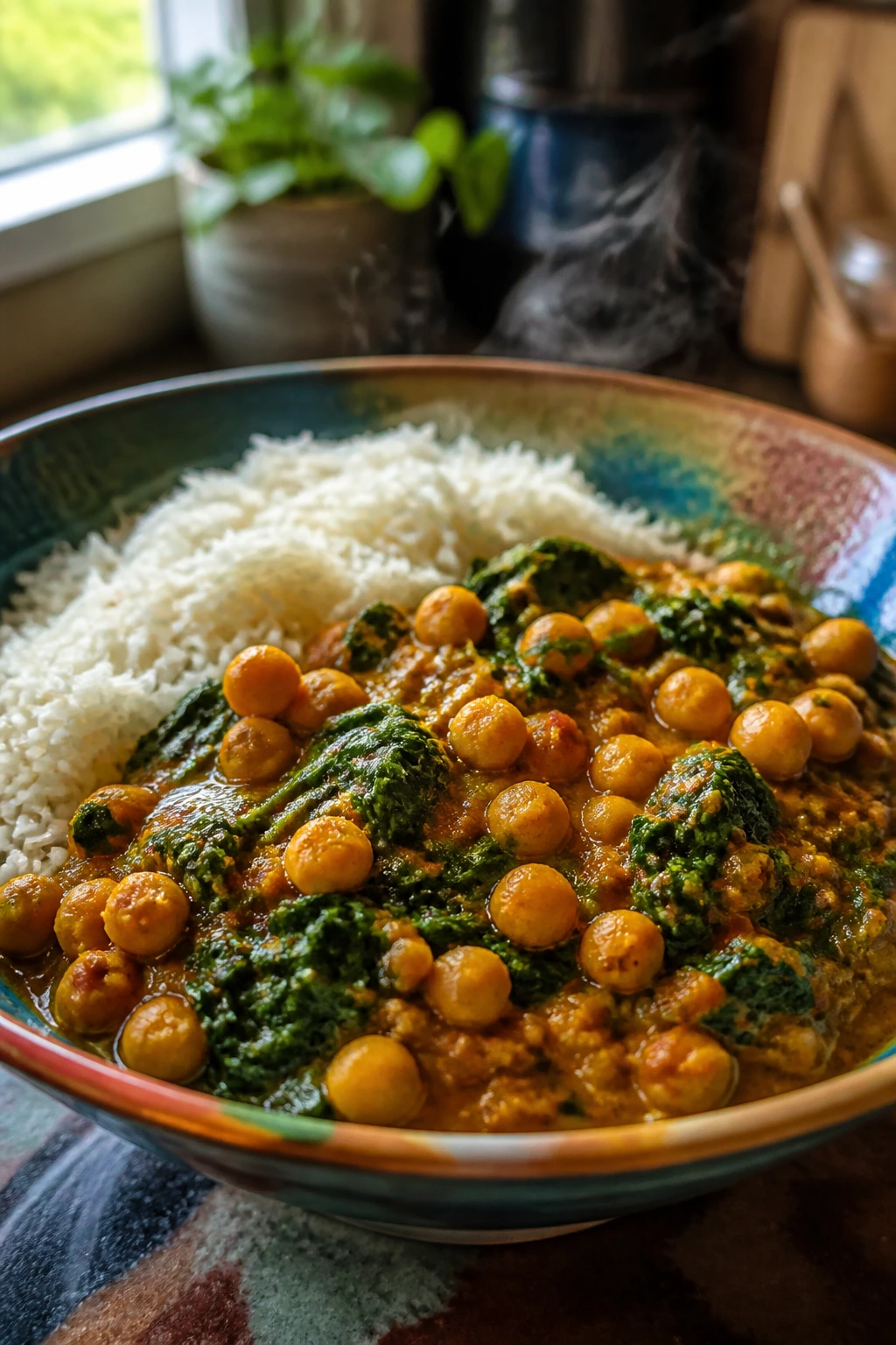 Close-up of chickpea curry with spinach over basmati rice