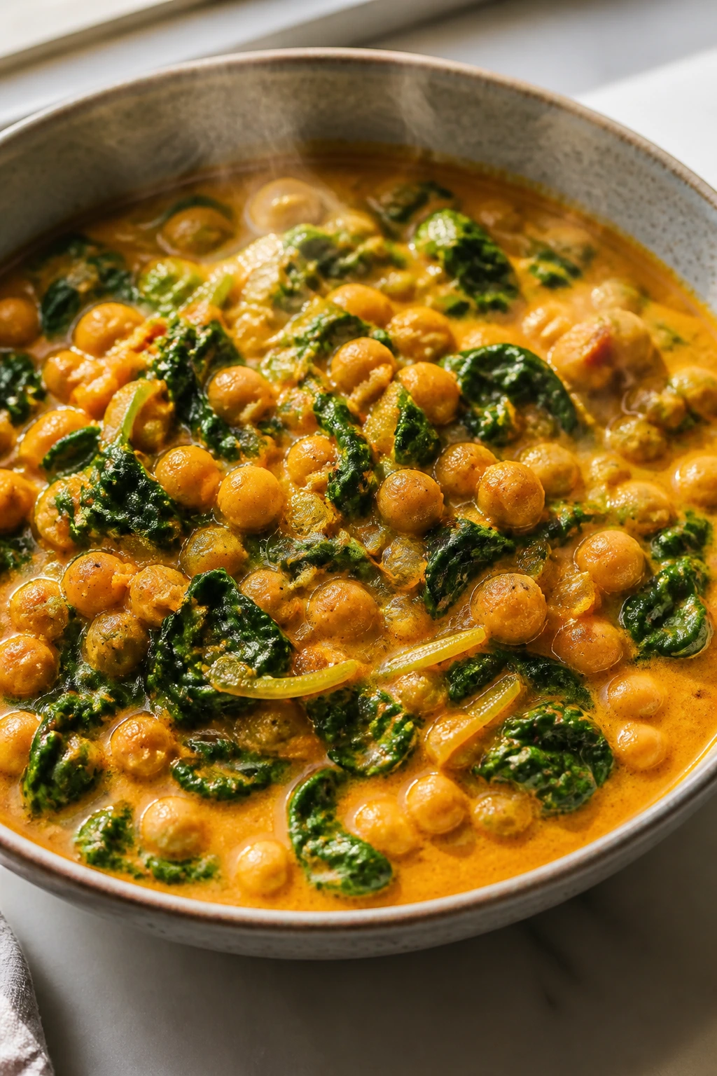 Close-up of chickpea coconut curry with spinach in a bowl