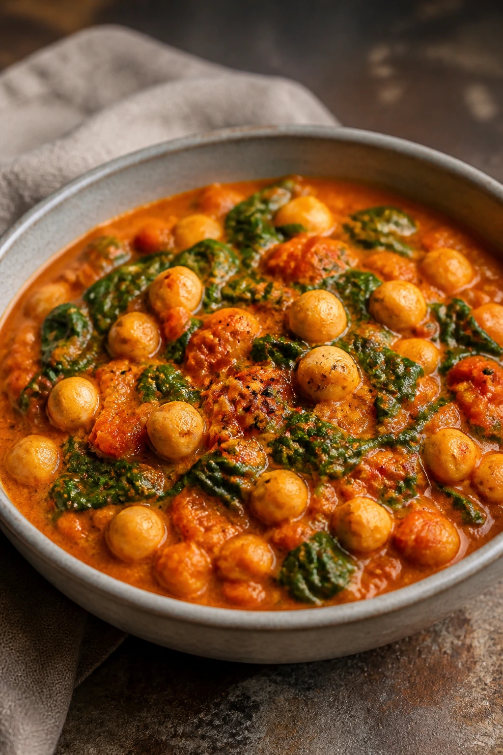 Bowl of chickpea tomato curry with spinach