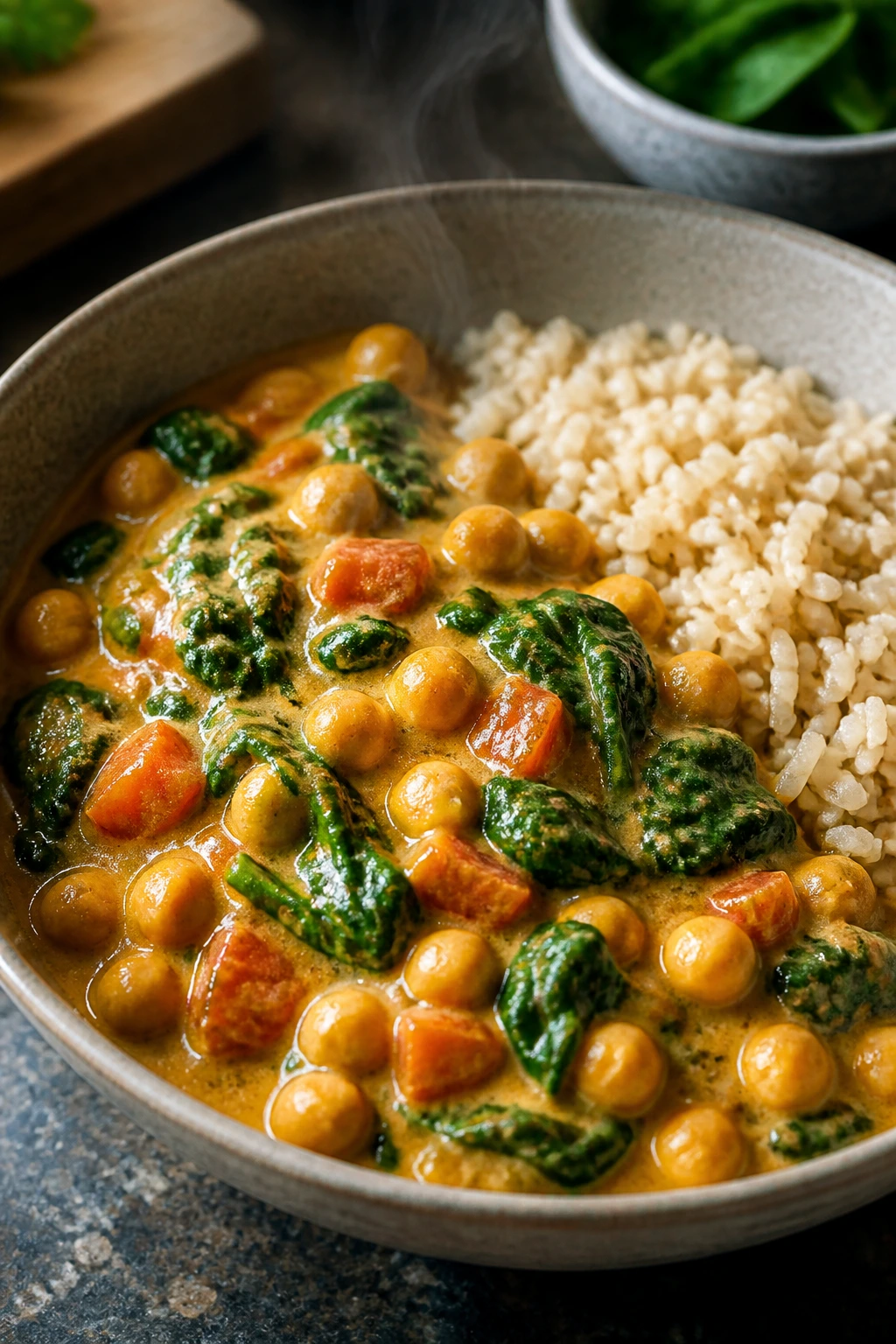 Chickpea coconut curry in a bowl with spinach and brown rice