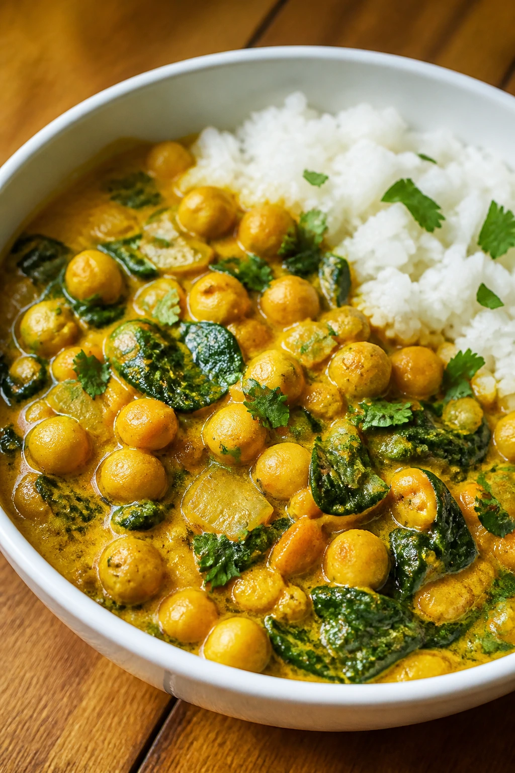 Chickpea coconut curry with spinach over rice in a bowl