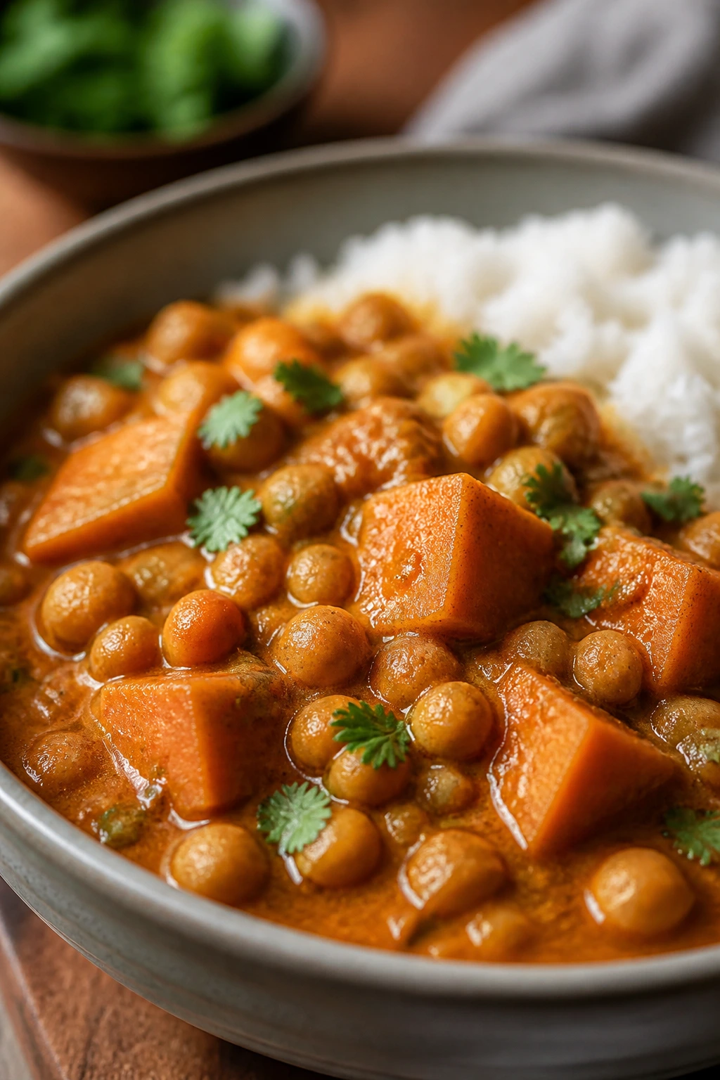 Steaming bowl of Chickpea and Sweet Potato Curry with chickpeas and potatoes