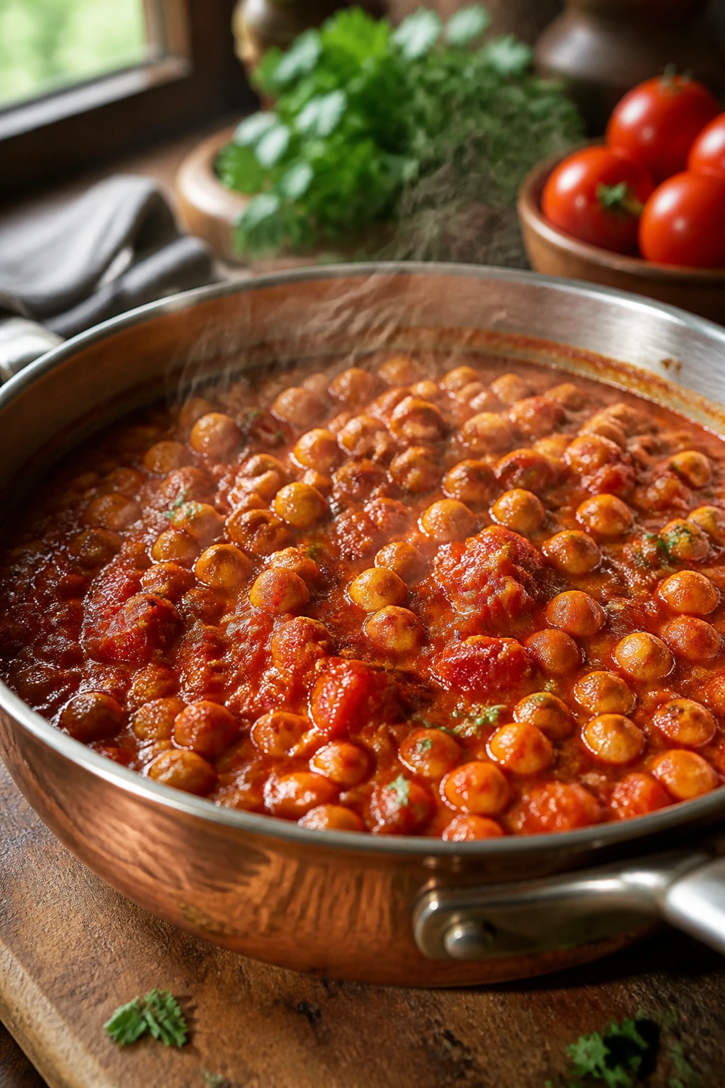 Close-up of chickpea curry in copper skillet on wooden counter