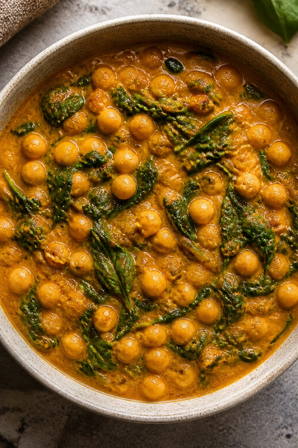 Chickpea curry in bowl with spinach on kitchen counter