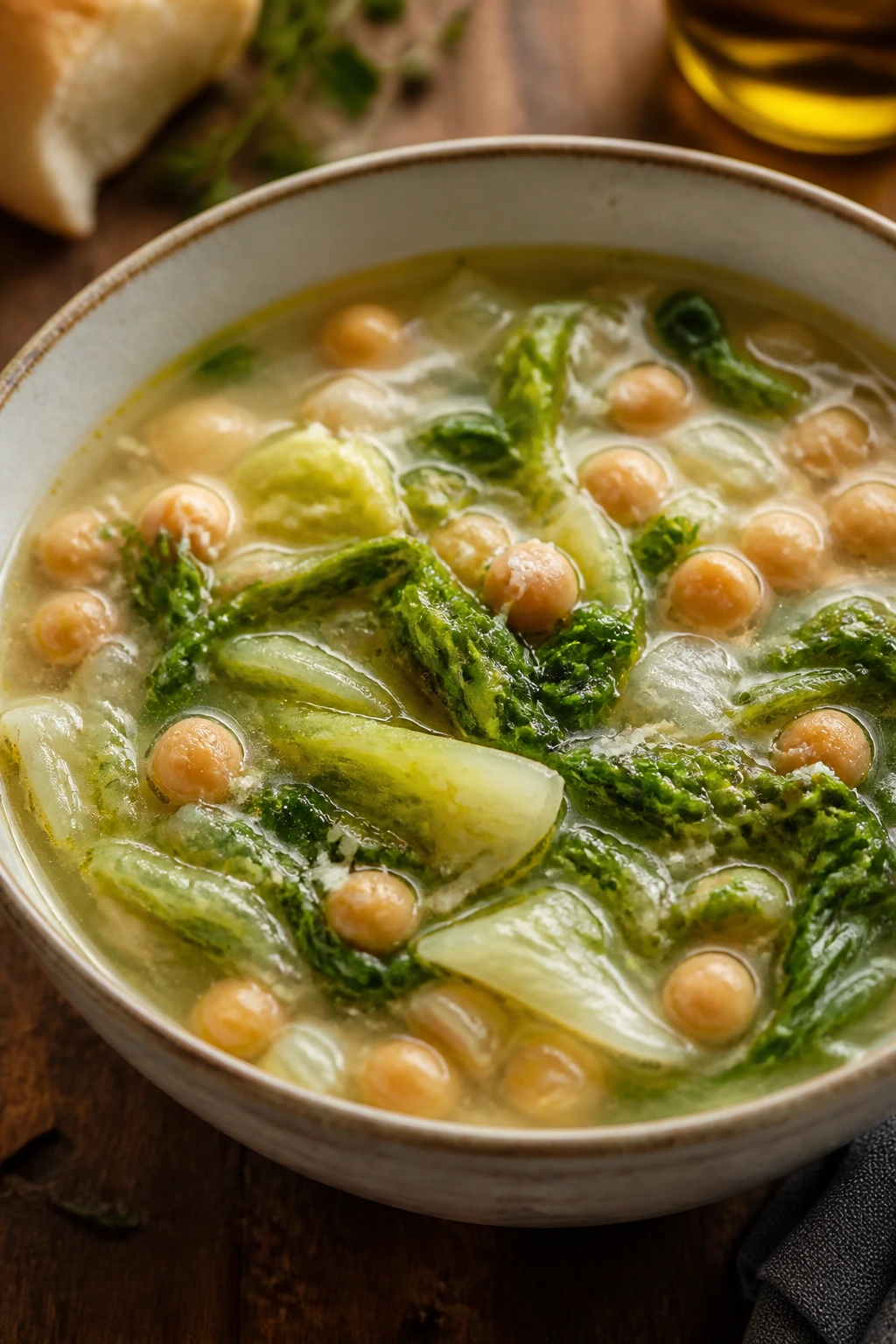 Chickpea and escarole soup bowl with visible beans and greens