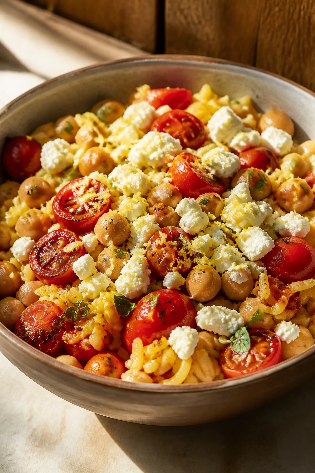 Mediterranean tomato feta chickpea rice bowl close-up