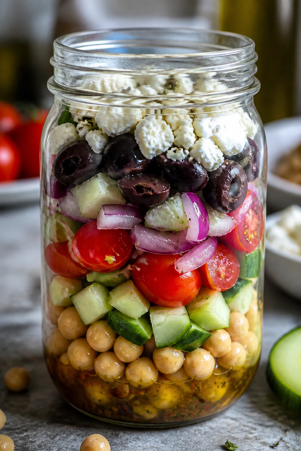 Close-up of Chickpea Greek Salad Jar with layered ingredients