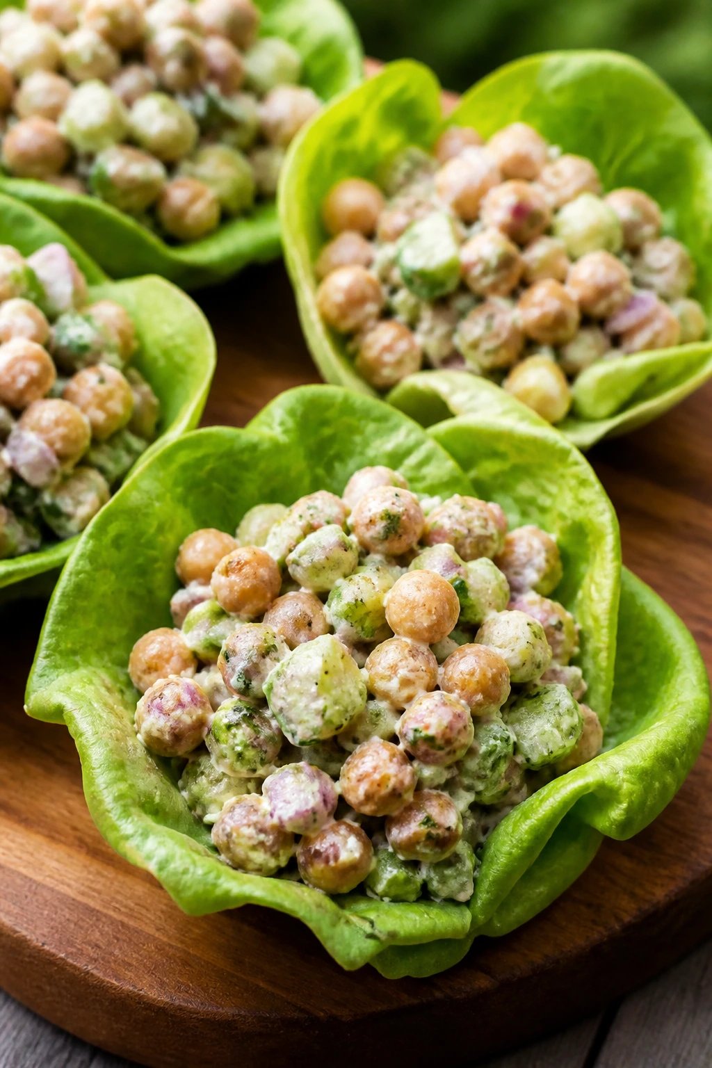 Lettuce cups filled with chickpea salad on a wooden board outdoors