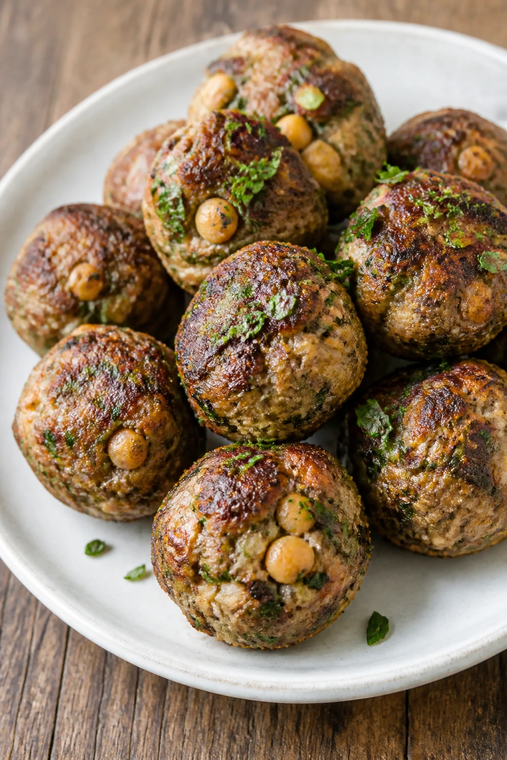 Close-up of chickpea-boosted Greek meatballs on a plate