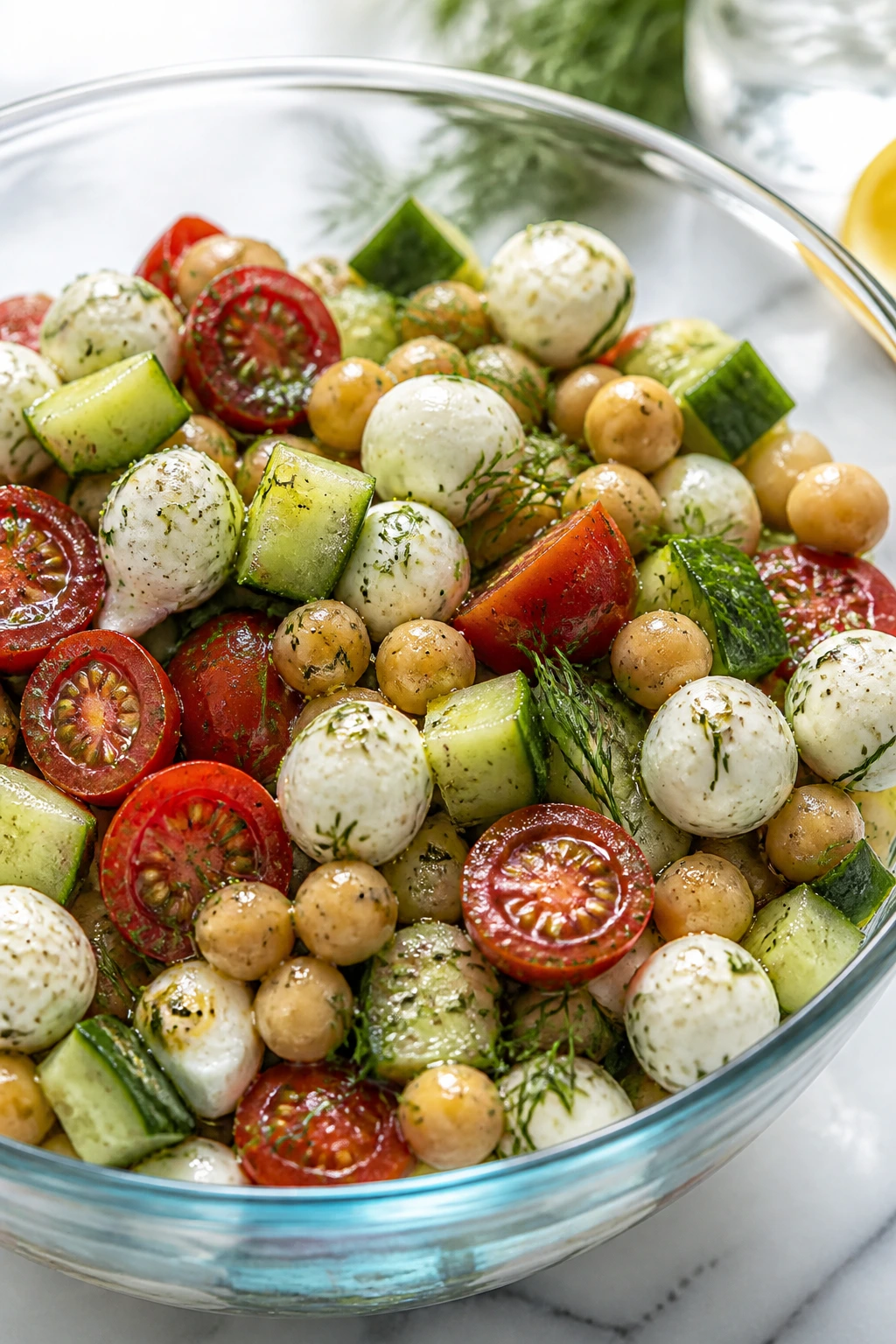 Chickpea cucumber mozzarella salad with dill dressing