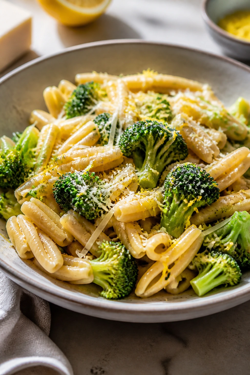 Bright bowl of chickpea pasta with broccoli and lemon