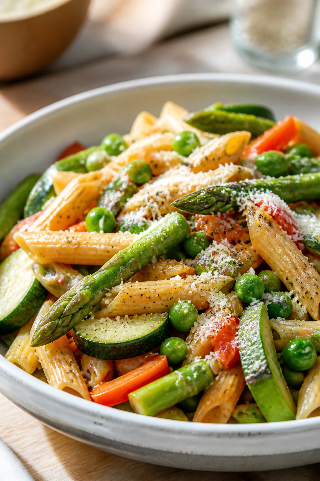 Bright bowl of chickpea pasta primavera with vegetables and parmesan