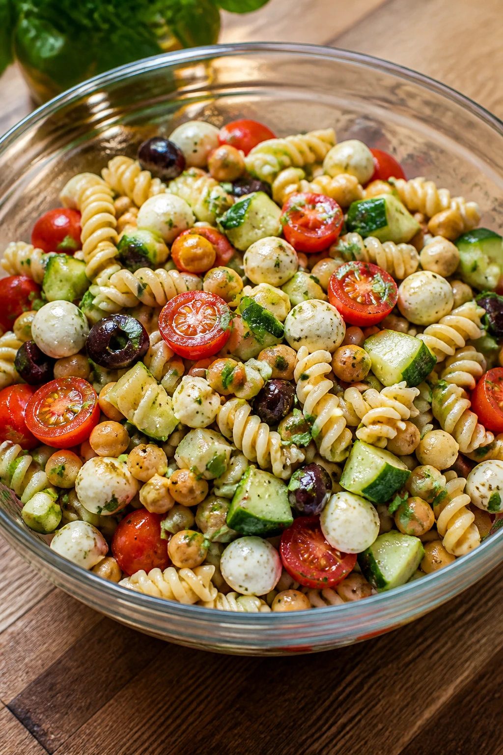 Chickpea pasta salad with vegetables in a bowl