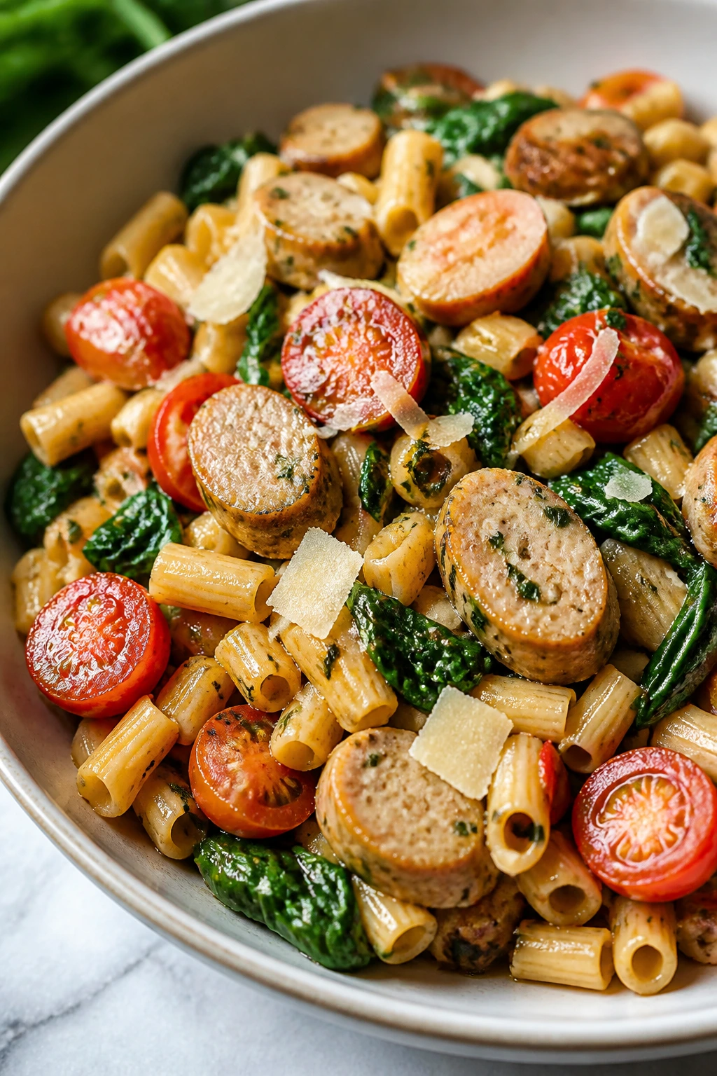 Close-up of chickpea pasta with chicken sausage and spinach in a bowl.