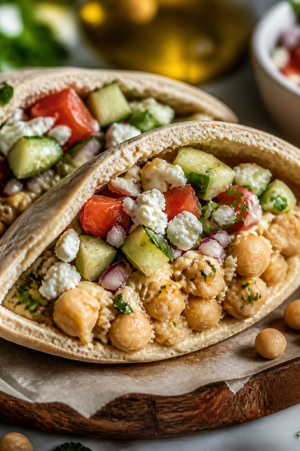 Split pita pocket filled with chickpeas cucumber tomatoes and feta