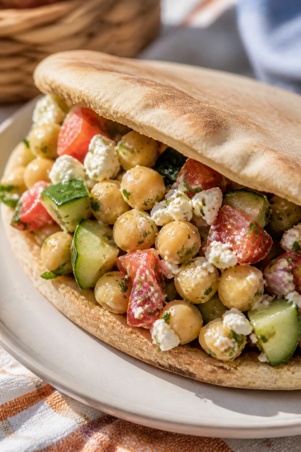 Chickpea salad pita filled with cucumber, tomatoes and feta on a plate