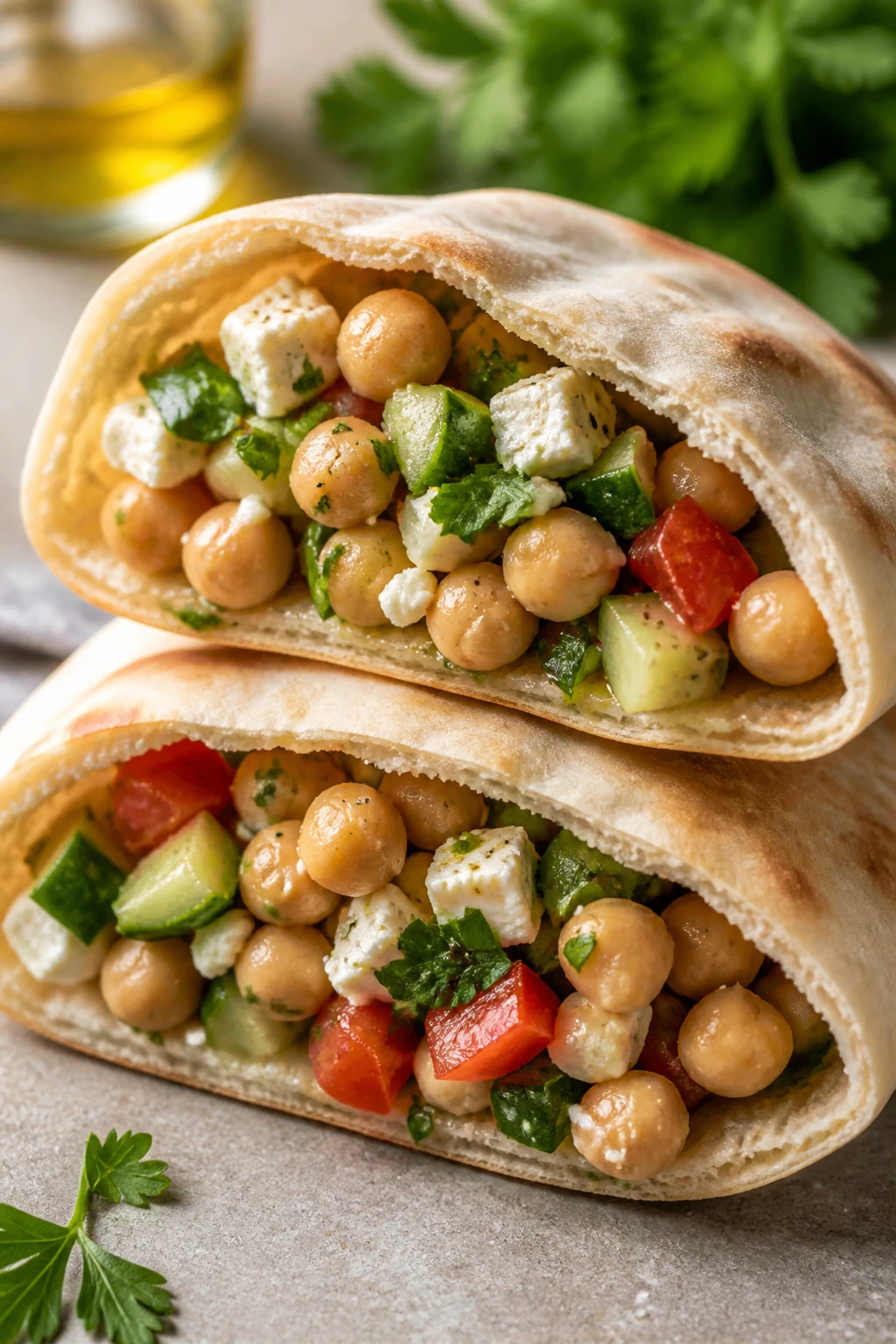 Cross-section of pita pockets filled with chickpea salad and vegetables
