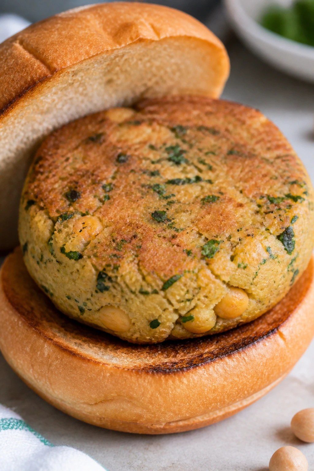 Close-up of chickpea-potato burger with parsley on a bun