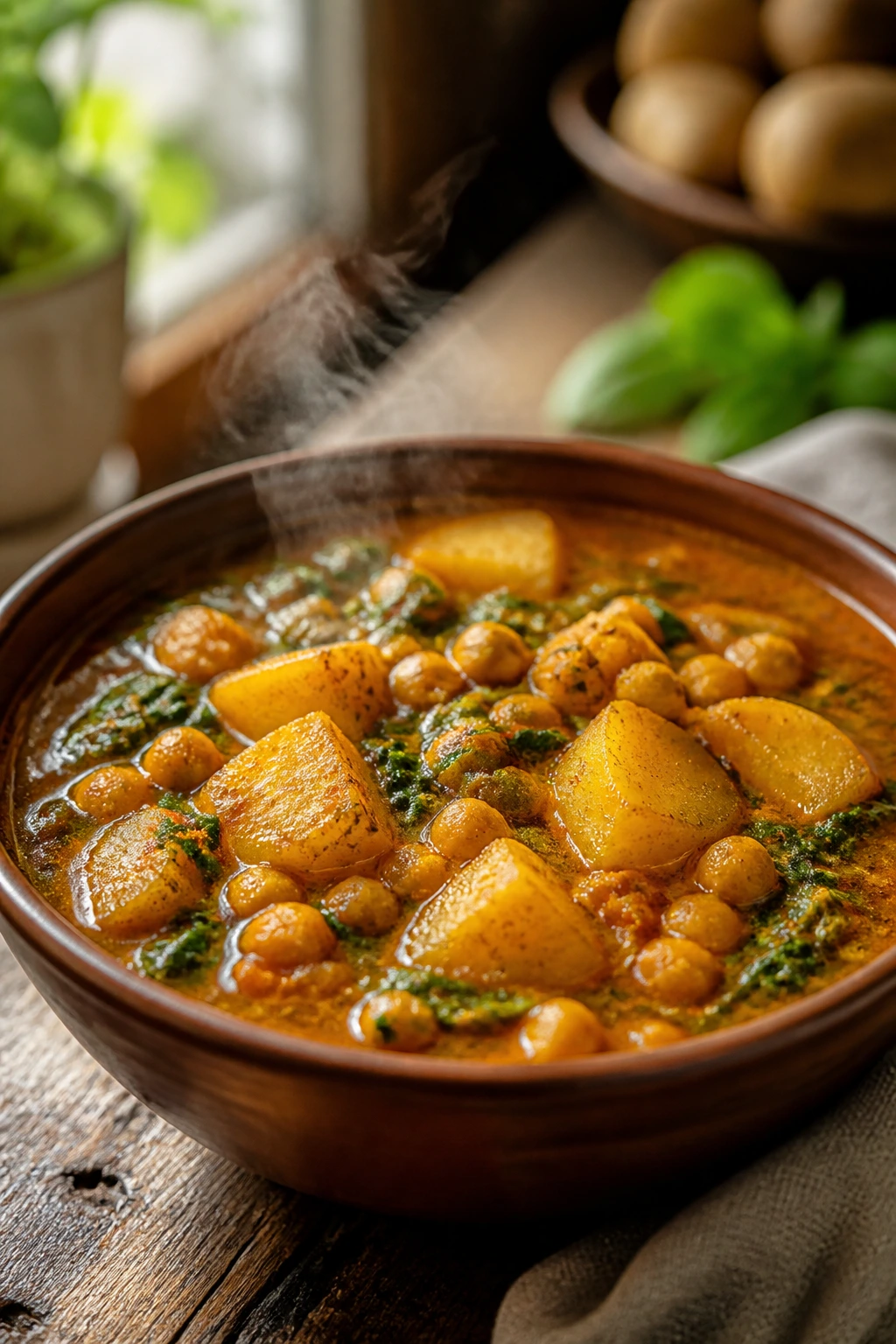 Close-up of chickpea and potato stew in a deep bowl