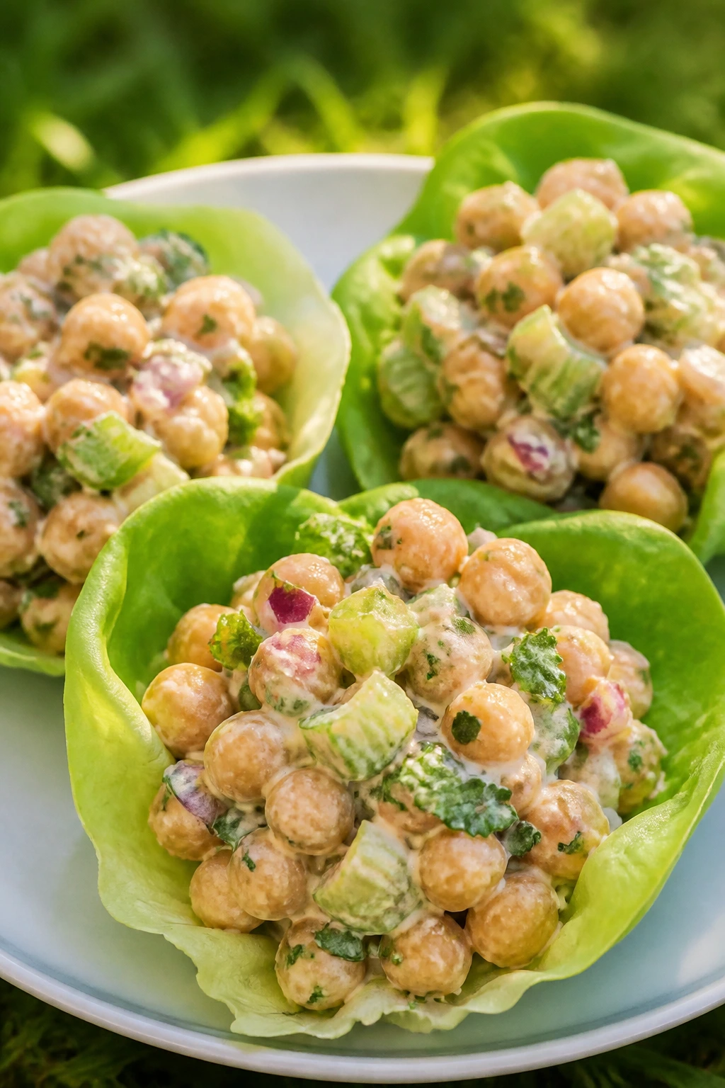 Close-up of chickpea salad lettuce cups on a picnic plate