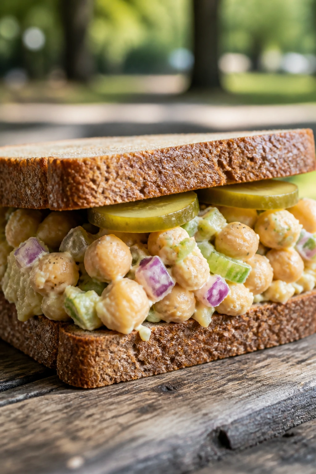 Chickpea salad sandwich with pickles outdoors on rye bread