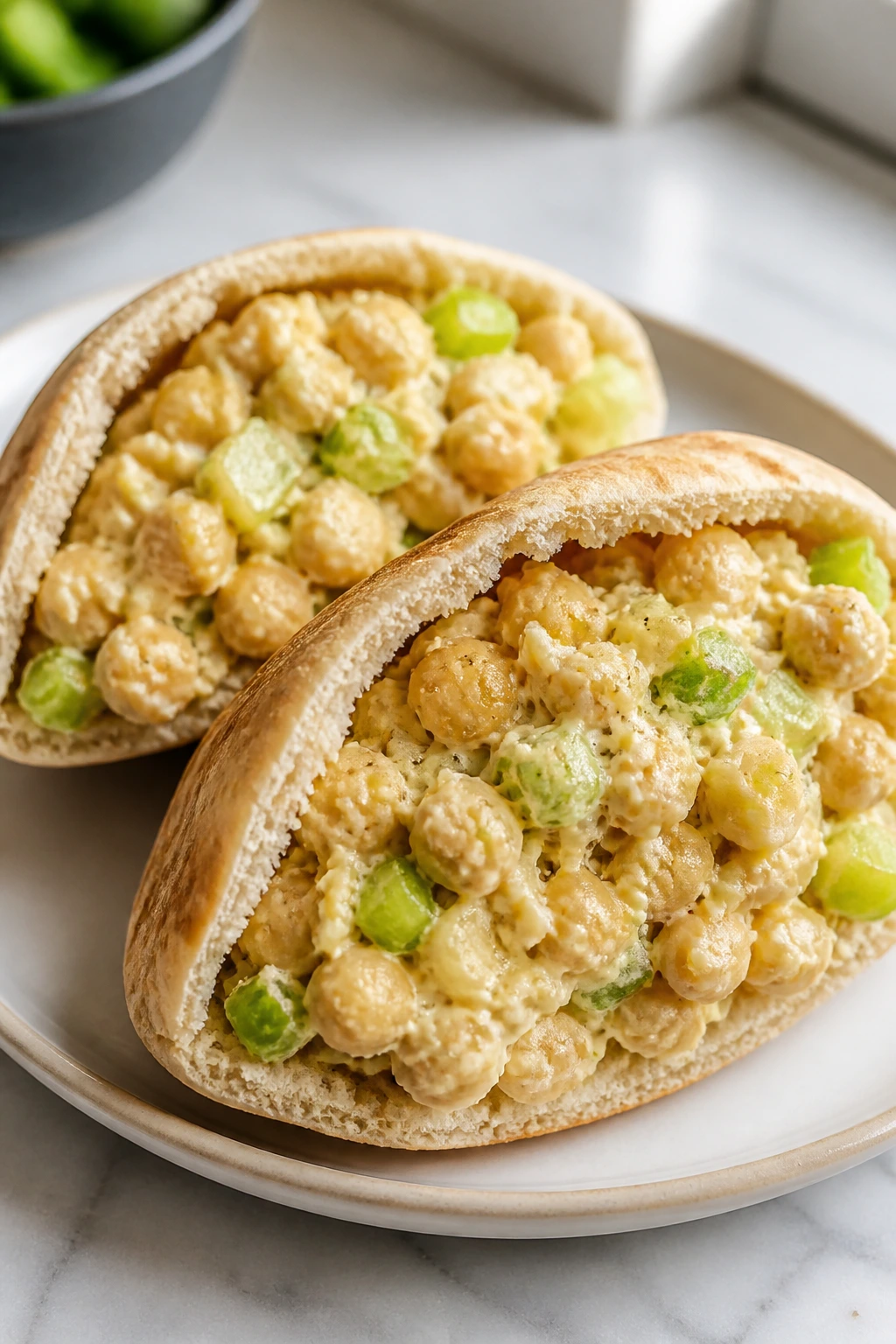 Open pita halves filled with chunky chickpea salad on a plate