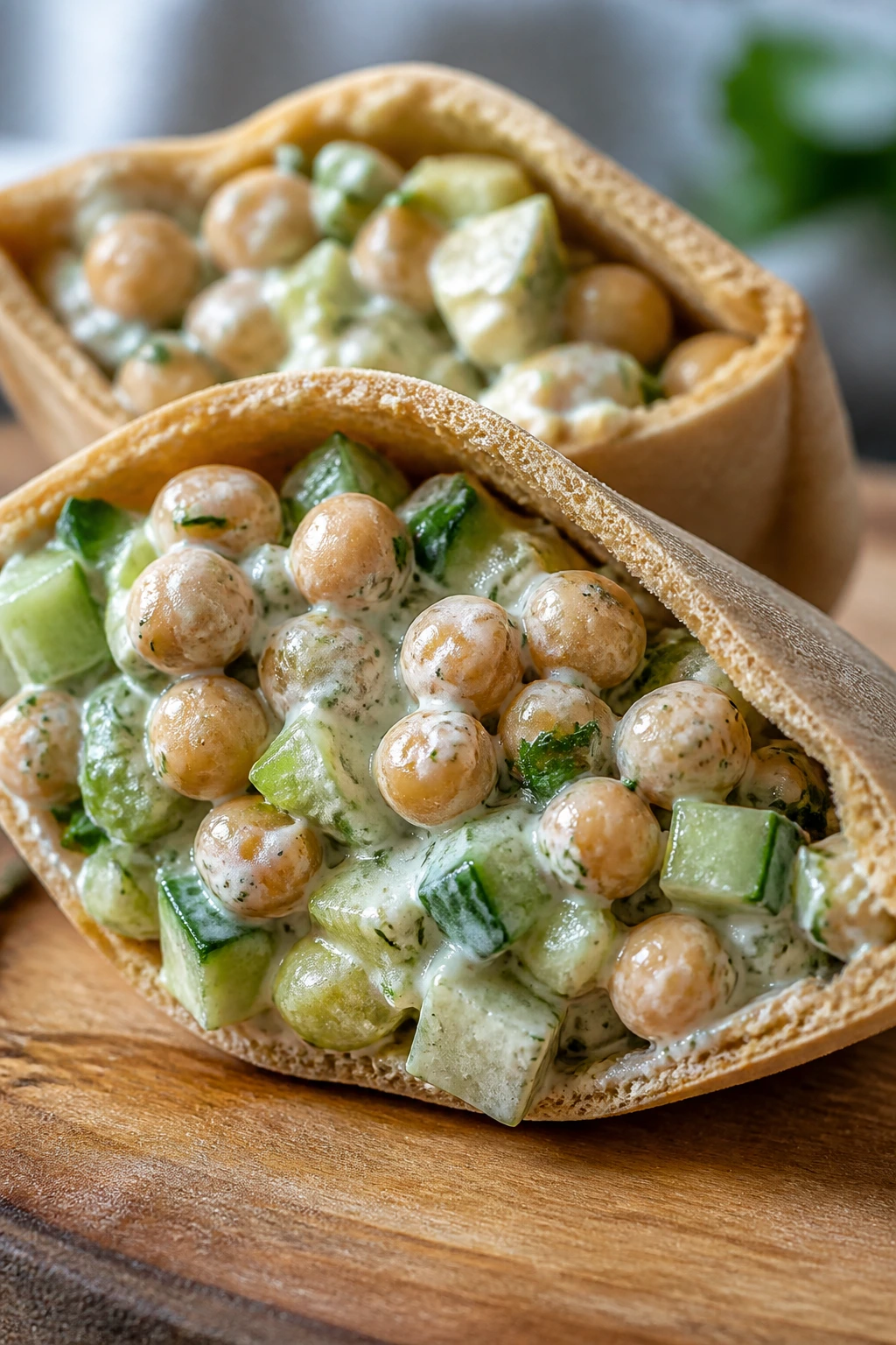 Halved pita filled with chickpea salad on a wooden board