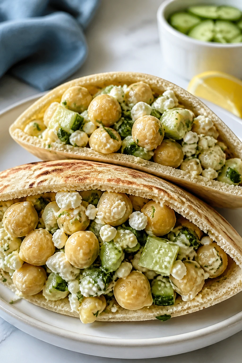 Close-up of chickpea salad pita halves stuffed with cucumber and feta