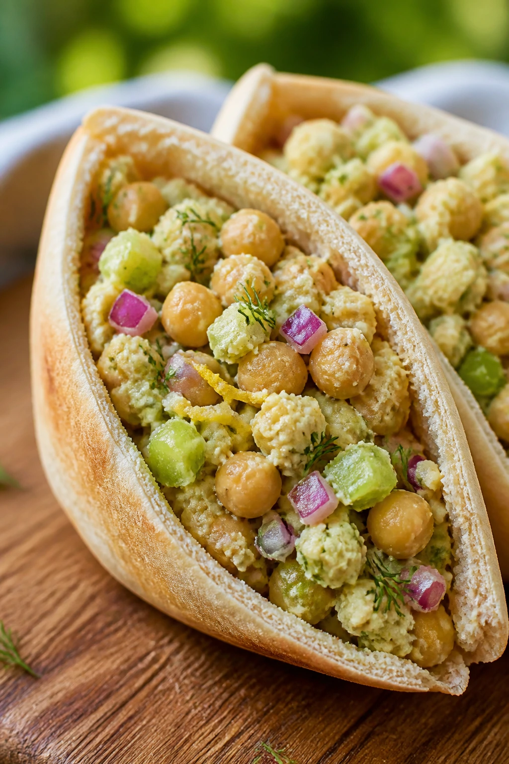 Chickpea salad in a pita pocket on a picnic surface