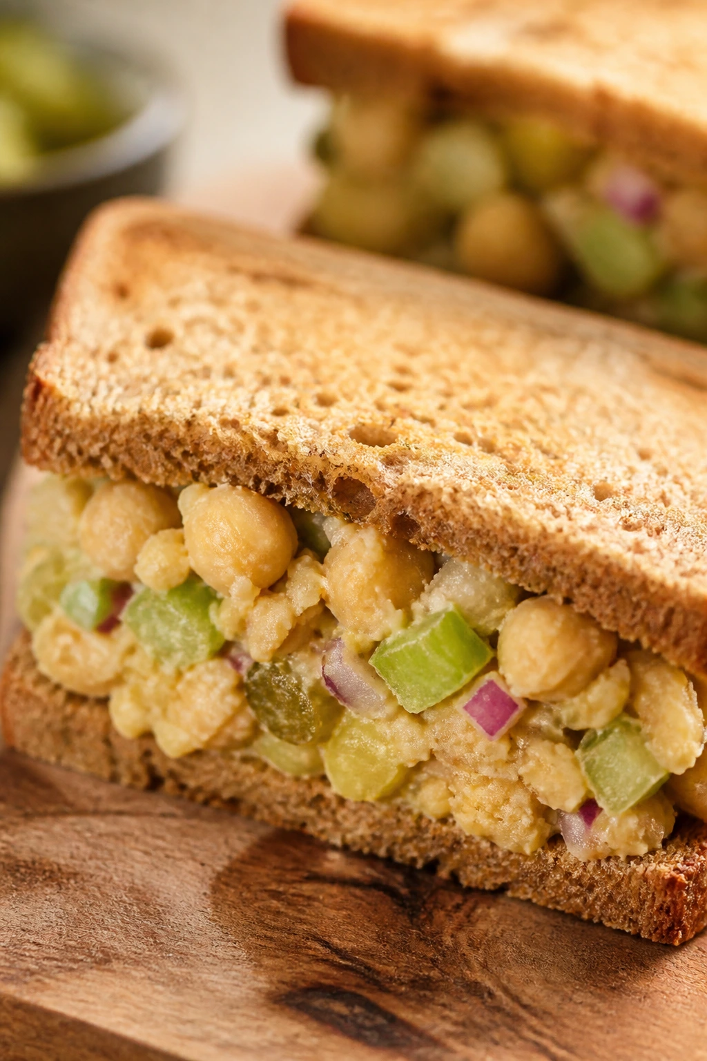 Chickpea salad sandwich half with celery