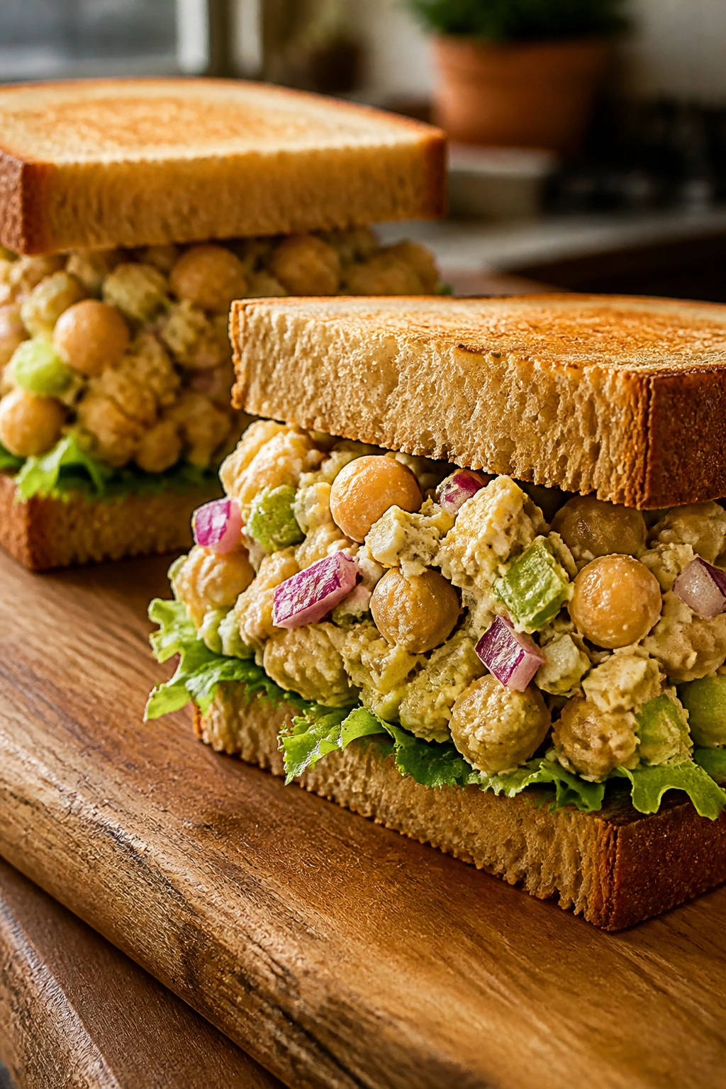 Two smashed chickpea salad sandwiches on bread