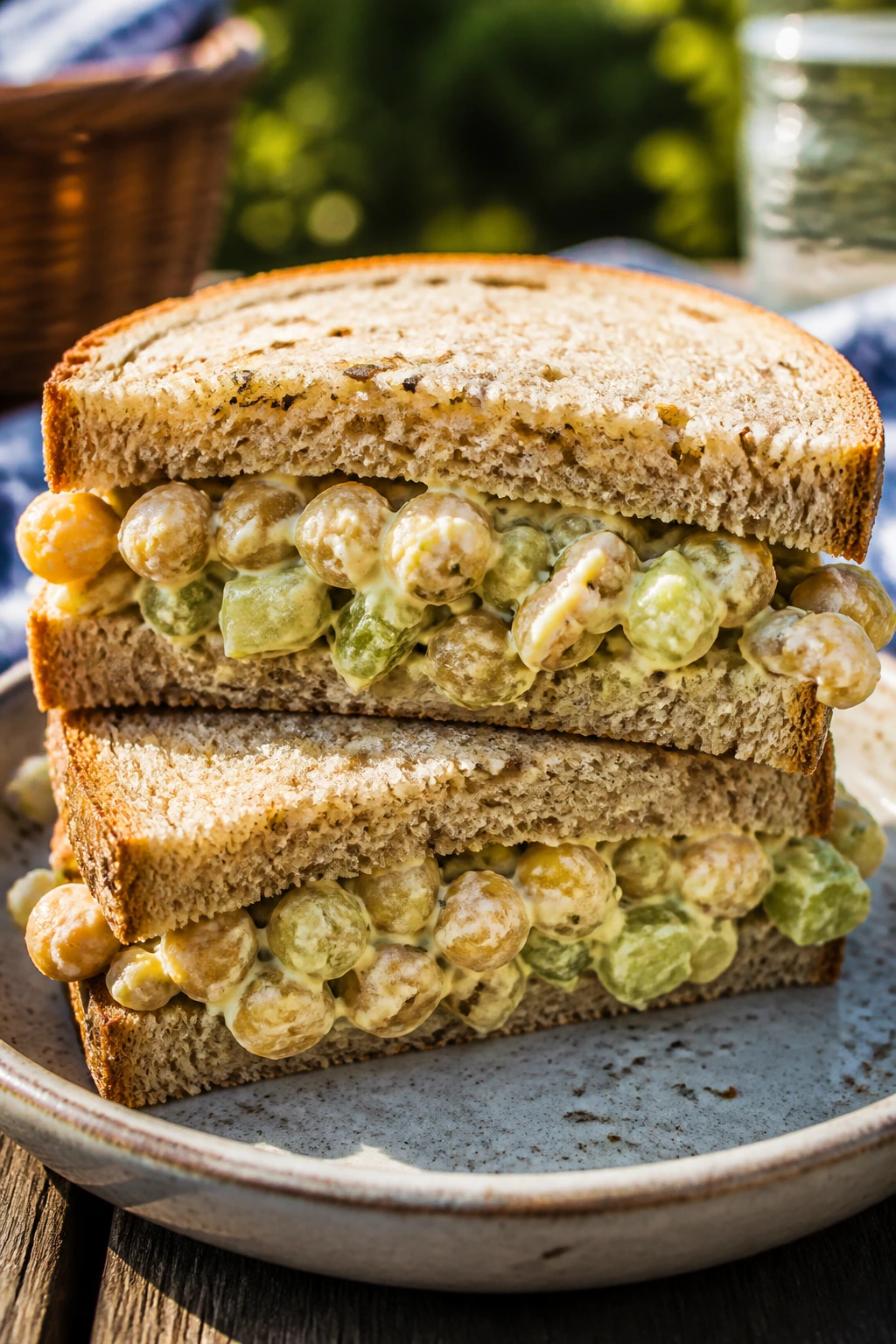 Chickpea salad sandwich halves on rustic plate outdoors