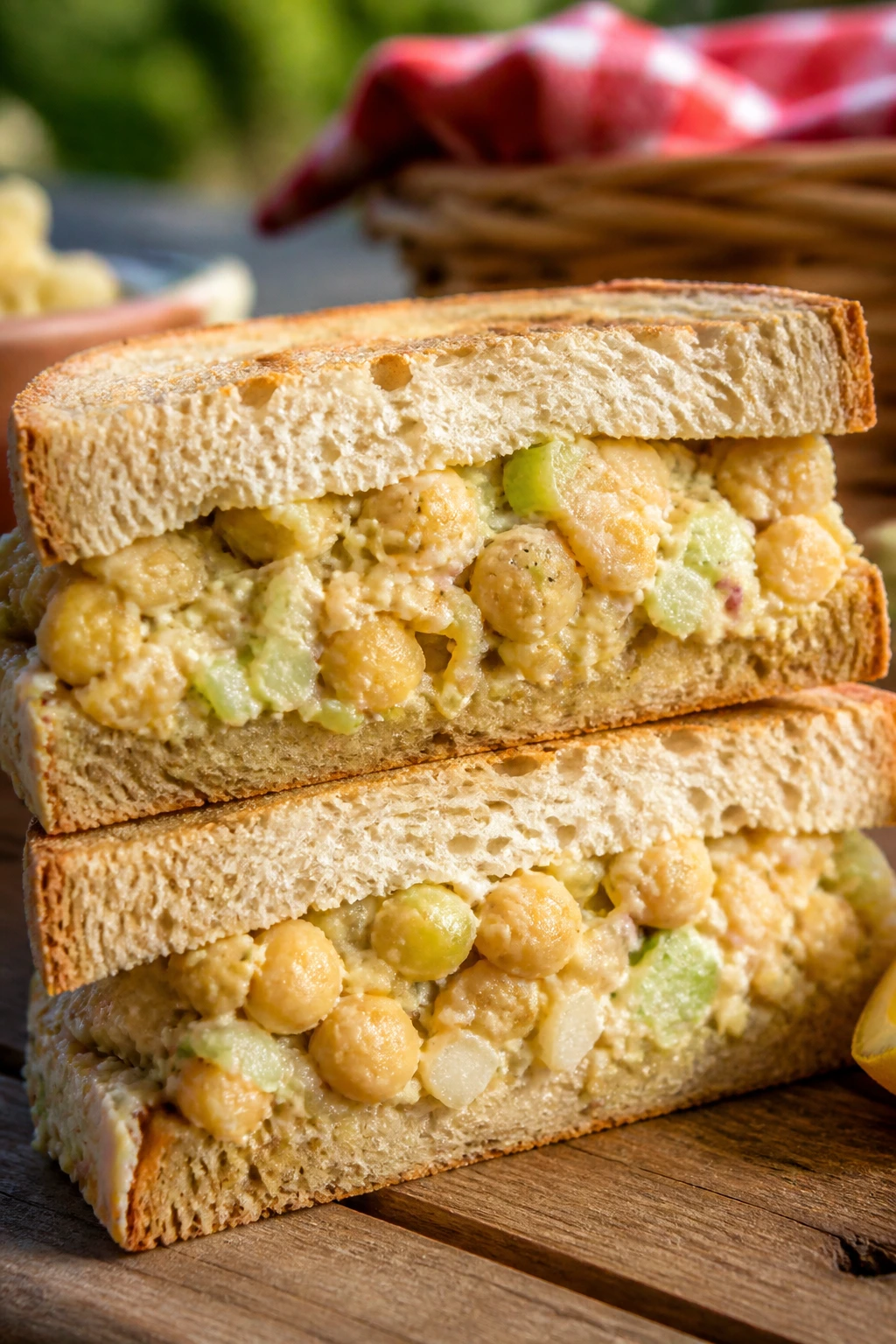 Chickpea salad sandwich half on rustic wooden table