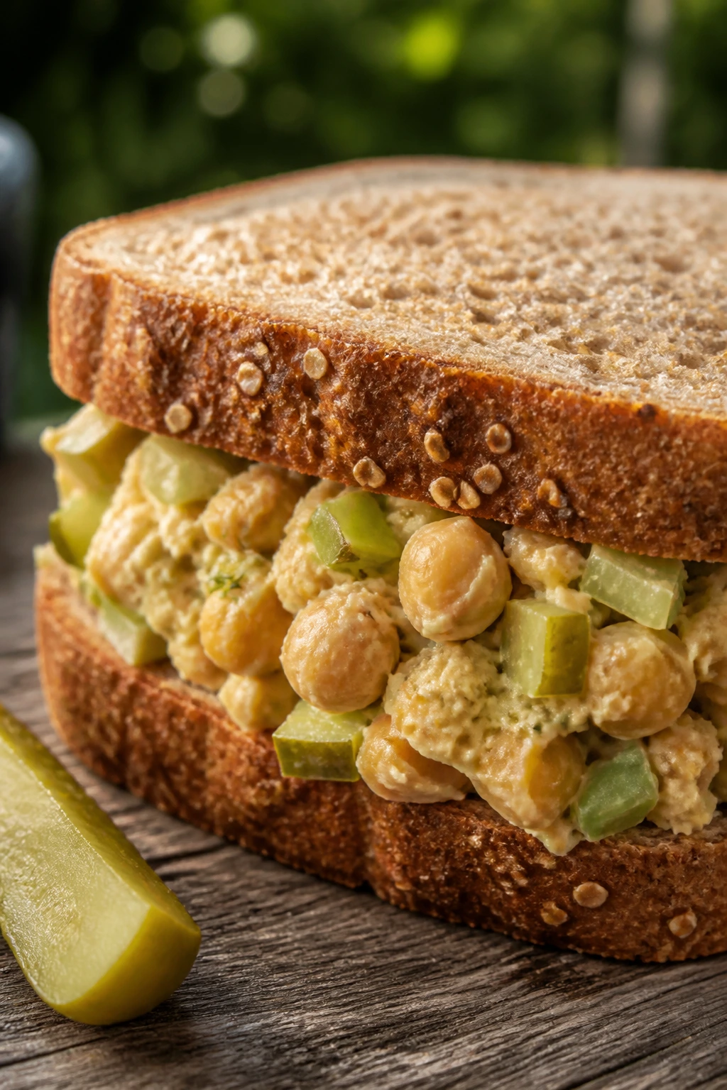 Close-up of a chickpea salad sandwich on whole-grain bread with celery and dill pickles