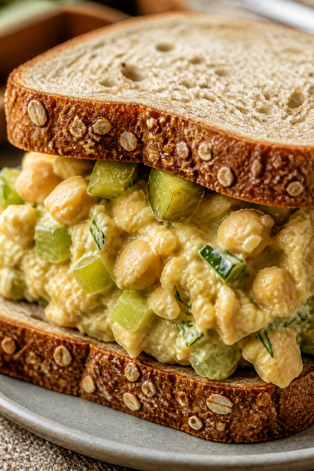 Close-up of smashed chickpea sandwich with dill pickles on bread