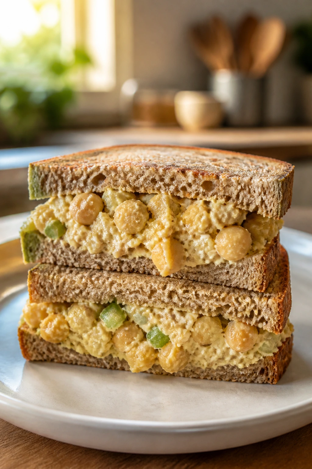 Close-up of chickpea tuna-style sandwich showing chunky filling on plate