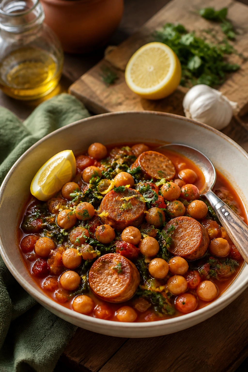Steaming bowl of Mediterranean chickpea and sausage stew with chickpeas and sausage