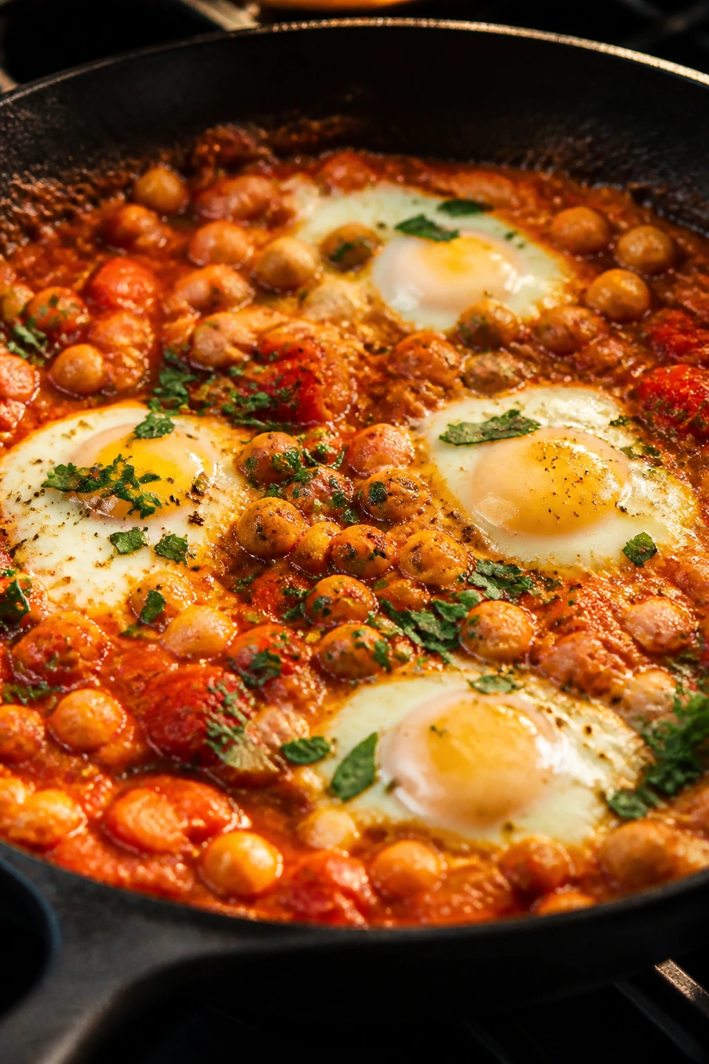 Shakshuka with chickpeas and eggs in tomato sauce