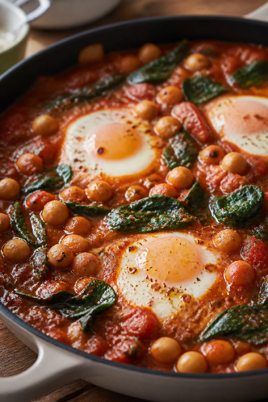 Chickpeas in shakshuka with eggs and spinach