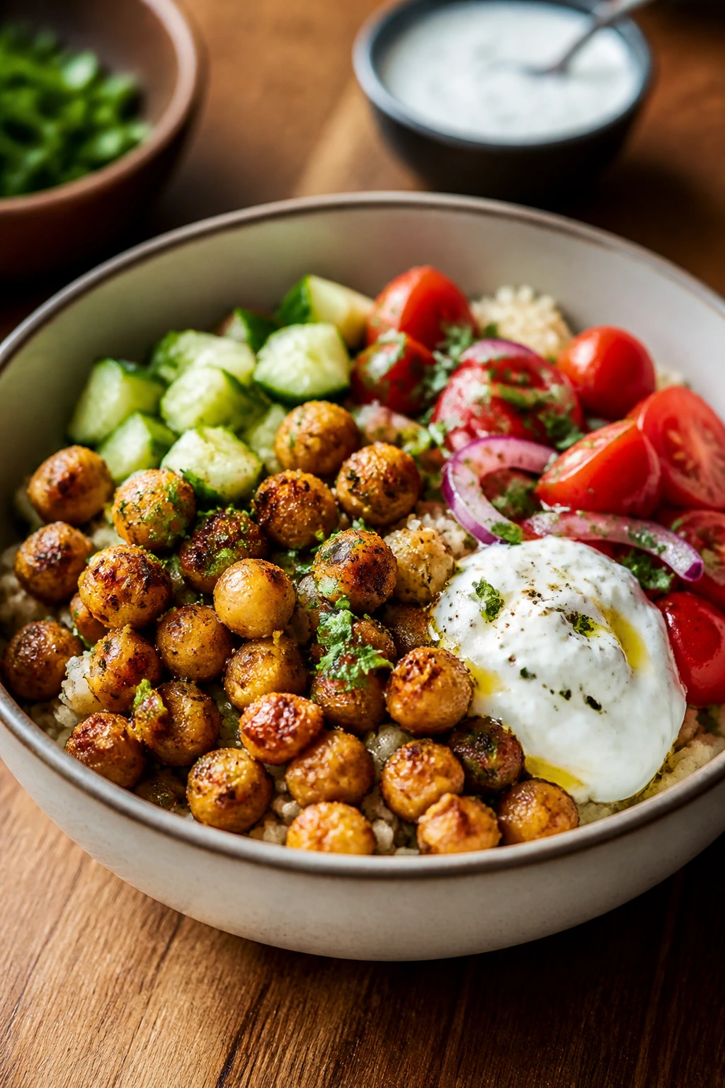 Chickpea shawarma bowl with rice, cucumber, tomatoes and yogurt sauce.