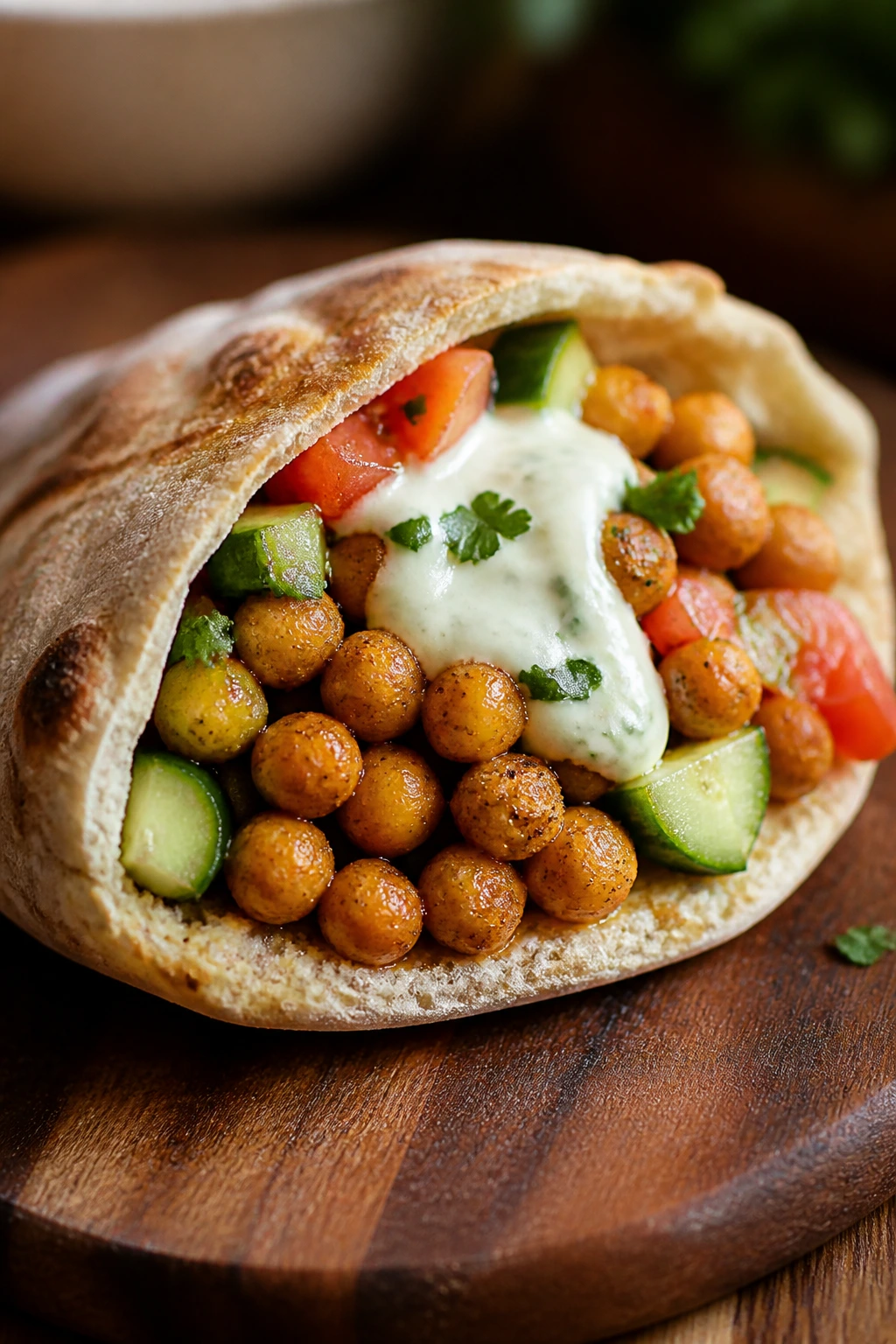 Chickpea shawarma pita sandwich filled with vegetables