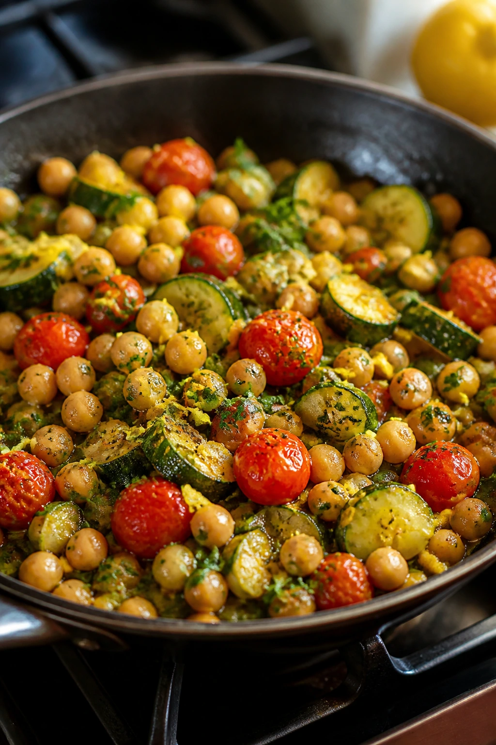 Close-up of a lemony chickpea skillet with zucchini and tomatoes on a stove