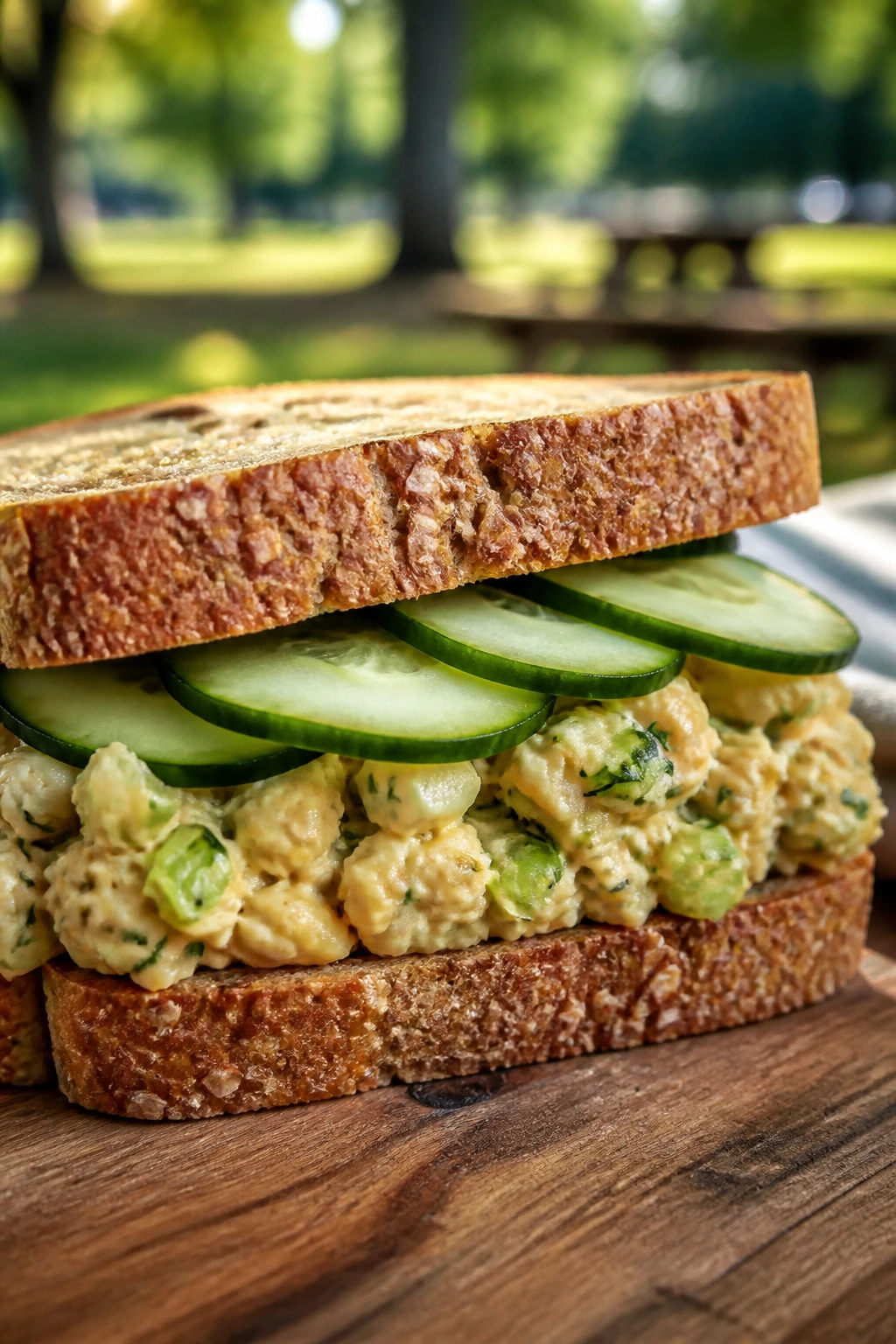 Chickpea smash sandwich with cucumber on whole-grain bread outdoors