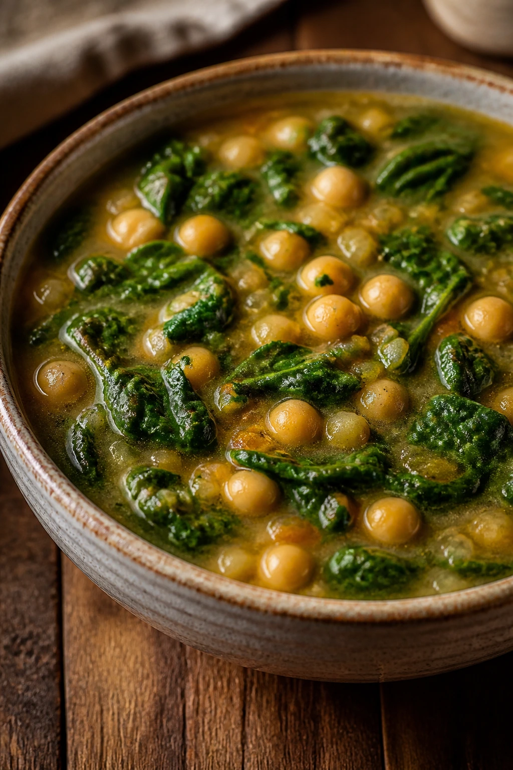 Close-up of chickpea and spinach soup with greens on top