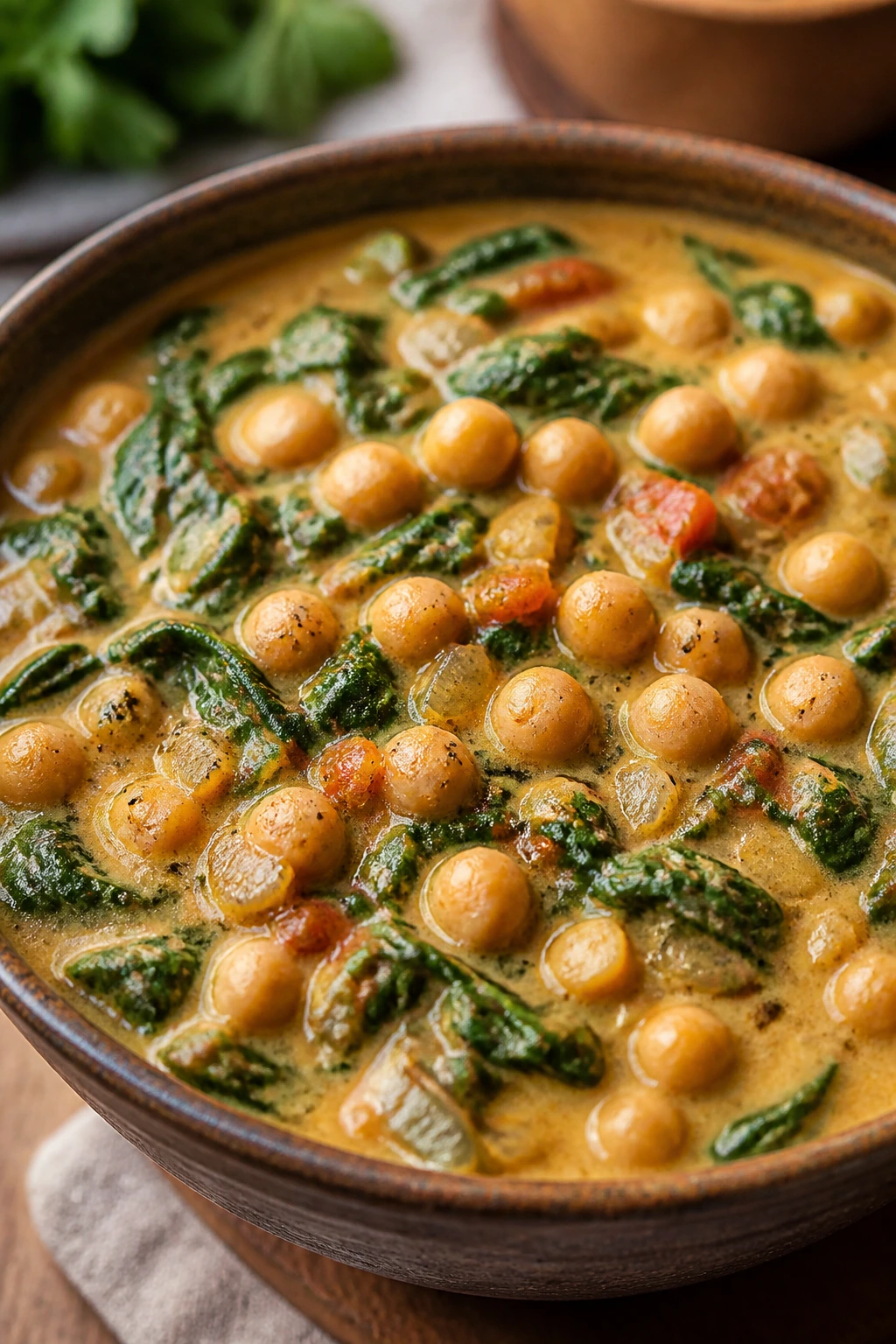 Close-up of chickpea spinach coconut stew in a deep bowl