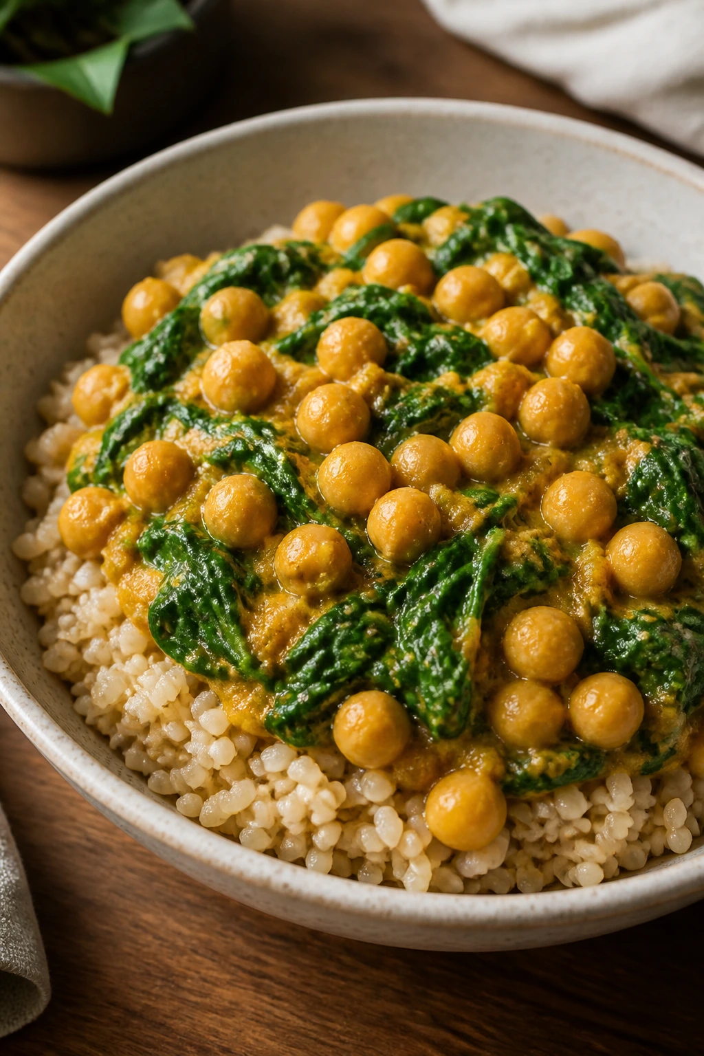 Close-up of chickpea spinach curry over brown rice
