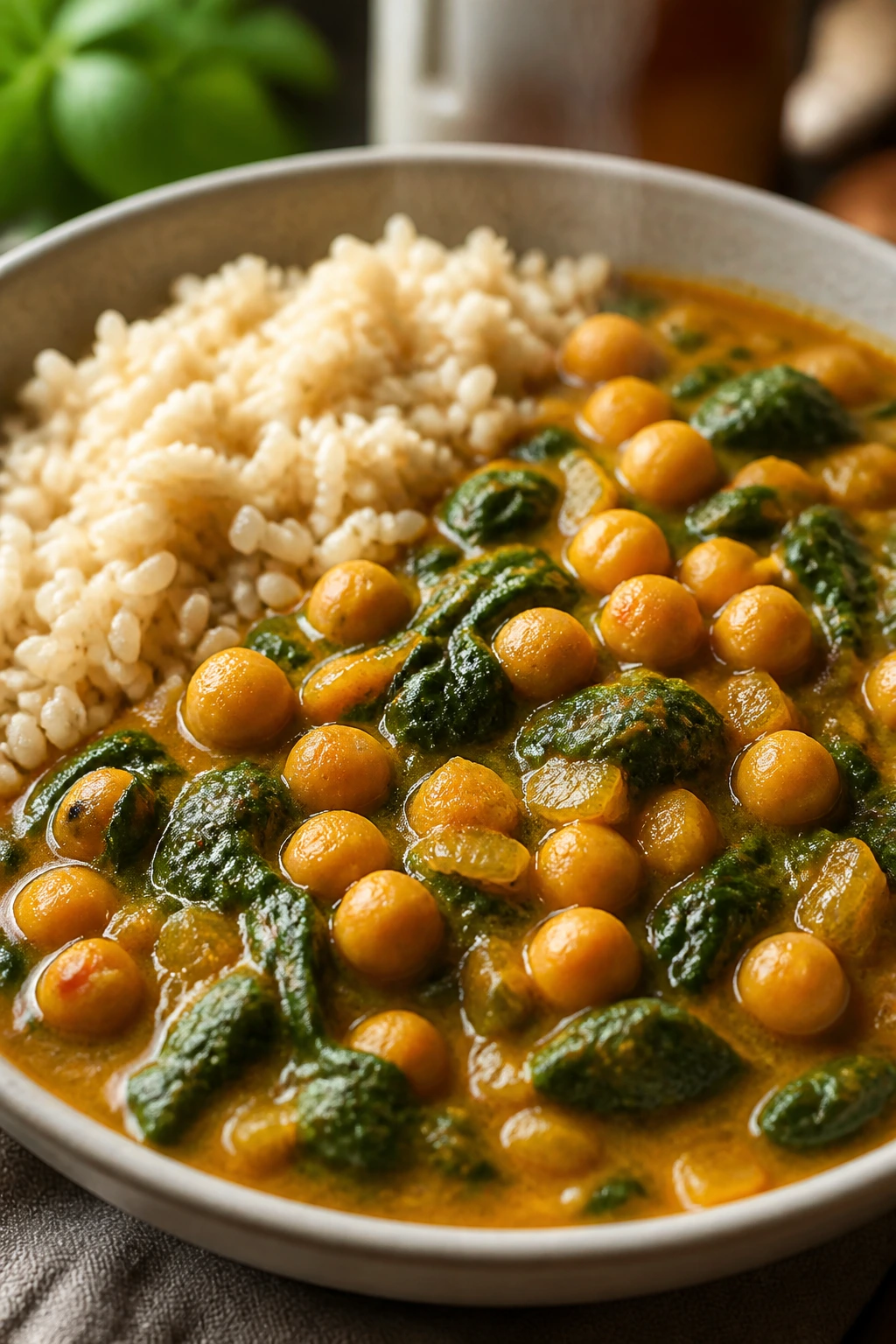 Close-up of chickpea spinach curry with brown rice in a bowl