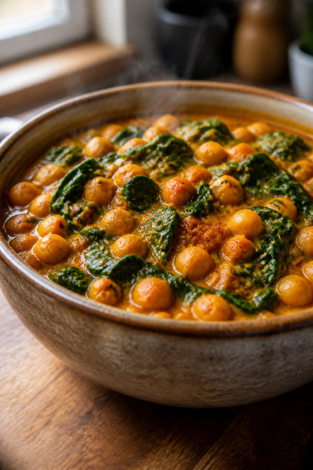 Close-up of chickpea and spinach curry in a rustic bowl