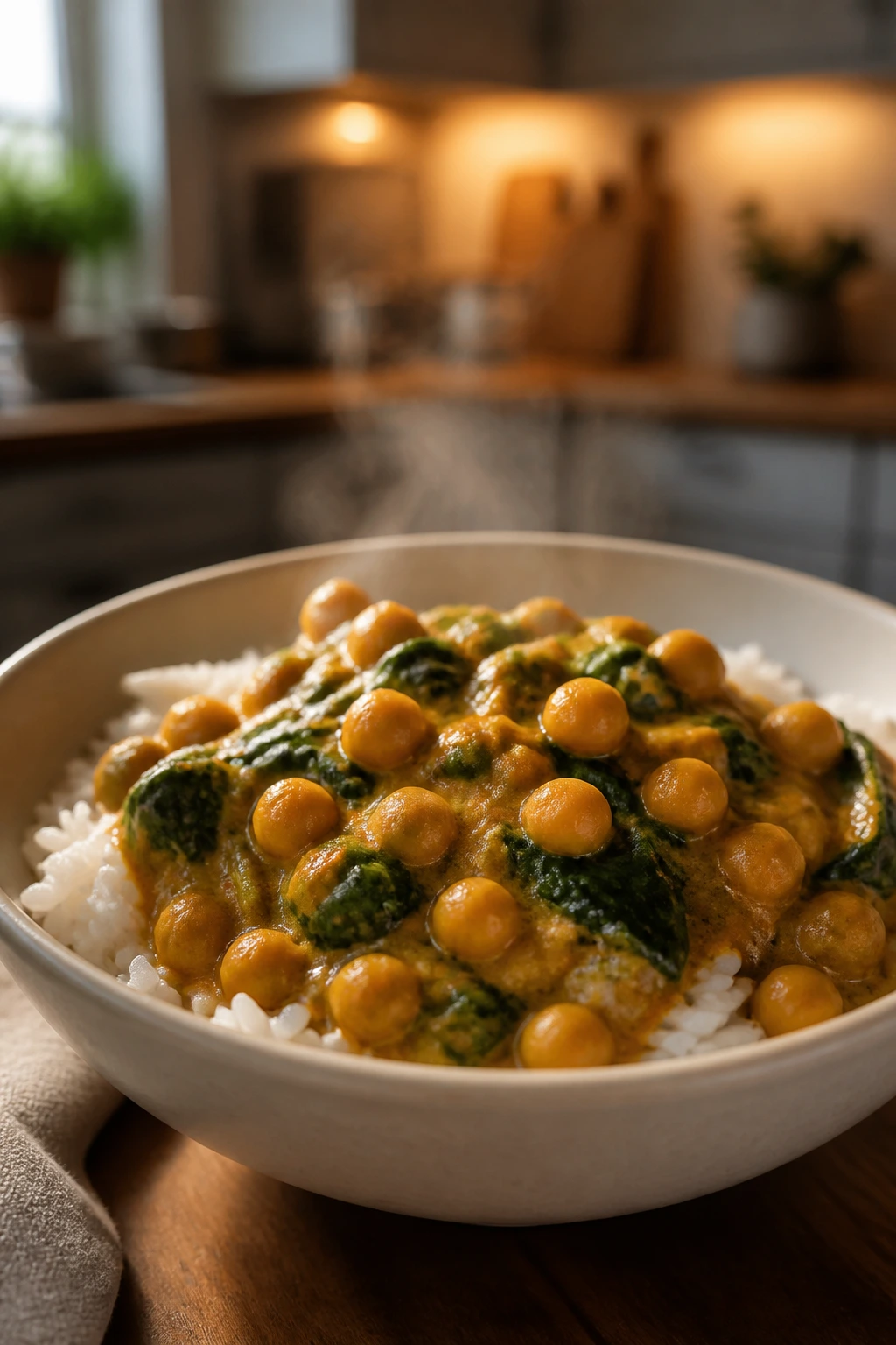 Bowl of chickpea curry with spinach served over rice